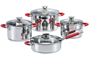 8pcs Cookware Set , High Quality kitchenware Set , Flod Edge , Clear Glass Lid , Stainless Steel with Silicon Handle